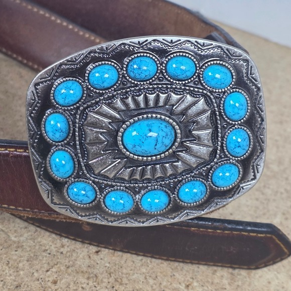 Vintage Brown Oil Tanned Leather Western boho Belt Turquoise Buckle‎ USA 36 main image 5